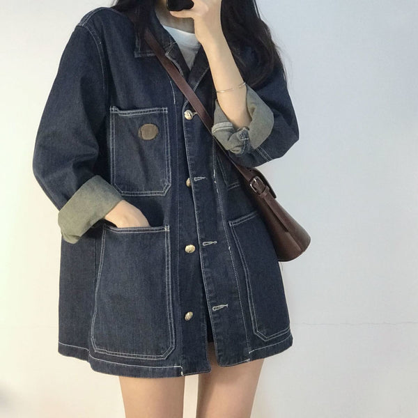 Loose-fit Retro Denim Jacket With Large Pockets For Women