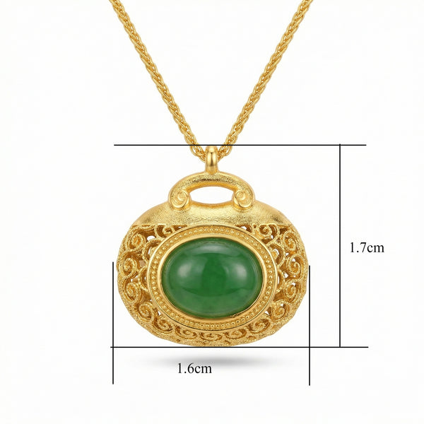 925 Sterling Silver Elegant Filigree Green Jadeite Pendant Necklace with Intricate Textured Metallic Detail