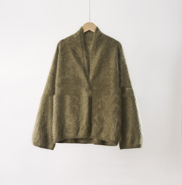 Loose-fit Brushed Cashmere Sweater With A Straight-cut Long-sleeved V-neck Cardigan Design And A Shawl-style Collar