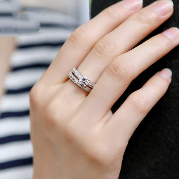 Micro Pave Ring Set With Simulated Heart & Arrow Zirconia, Luxury Proposal Ring For Women