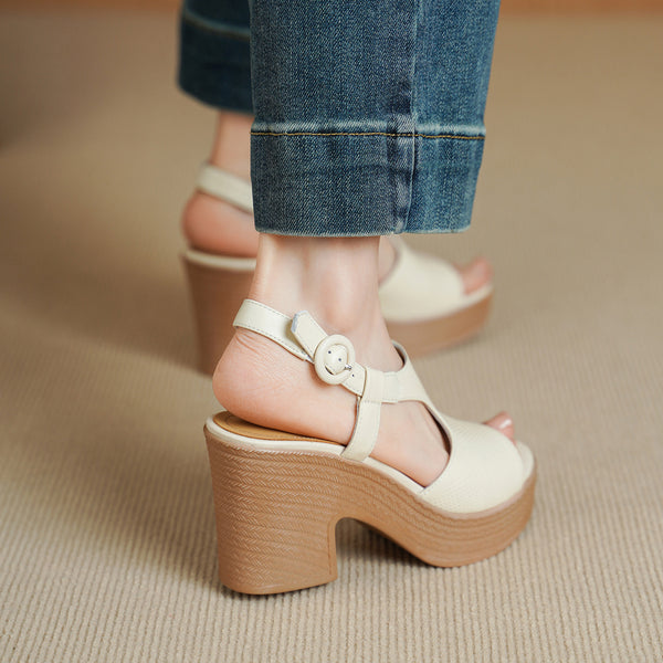 Handcrafted Full-Grain Lambskin Chunky Heel Platform Sandals, Women's Perforated Slingback Shoes
