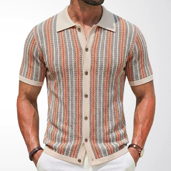 Men's Short-Sleeve Striped Knitted Cardigan Jacquard Polo Shirt