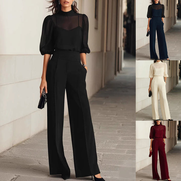 Three-piece Short-sleeved Trousers Suit Three-piece Camisole Vest Mesh Shirt And Dress Pants Women's Fashion Business Clothing