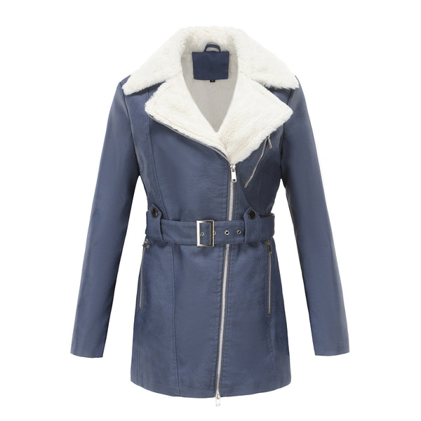Long Sleeve Fleece Leather Jacket Women