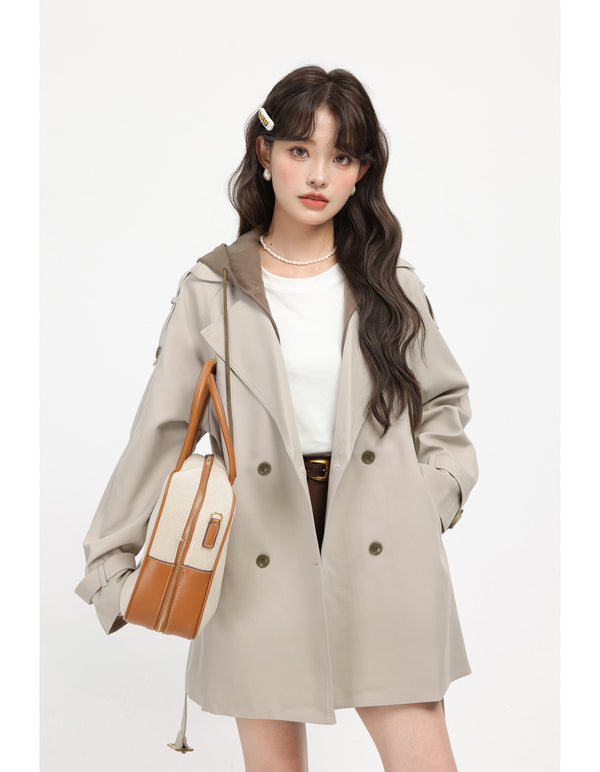 French Hepburn-style Faux Two-piece Hooded Trench Coat