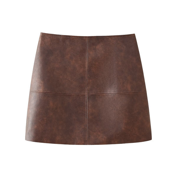 Women's Retro Lapels Long-sleeved Zipper Leather Jacket Skirt