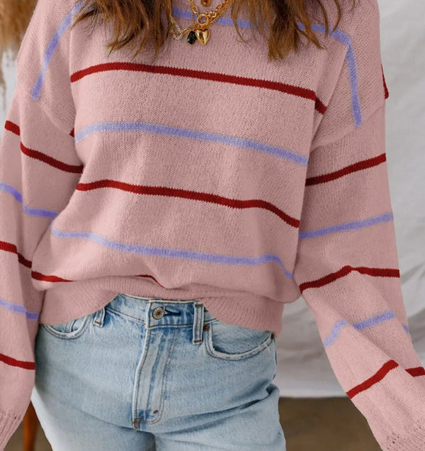 New Womens Casual Color-Striped Pullover Sweater