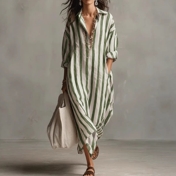 Striped Print Dress Summer Split Collar Short Sleeve Long Dresses Fashion Women's Clothing