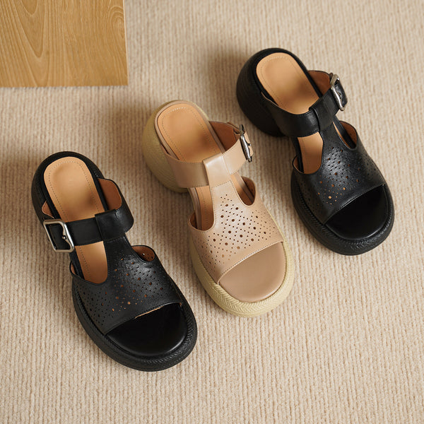 Premium Handmade Washed Leather Perforated Mule Sandals, Women's Chunky Platform T-Strap Slides