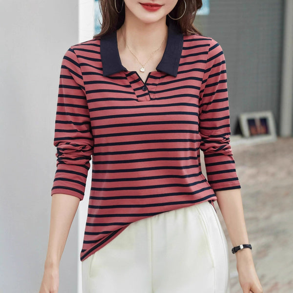 Striped Polo Shirt Plus-size Womens Fall Long-sleeve