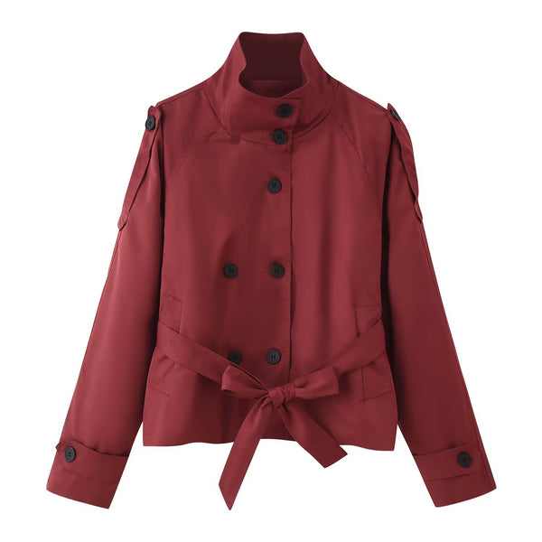 Stand-up Collar Double-breasted Belted Short Trench Coat
