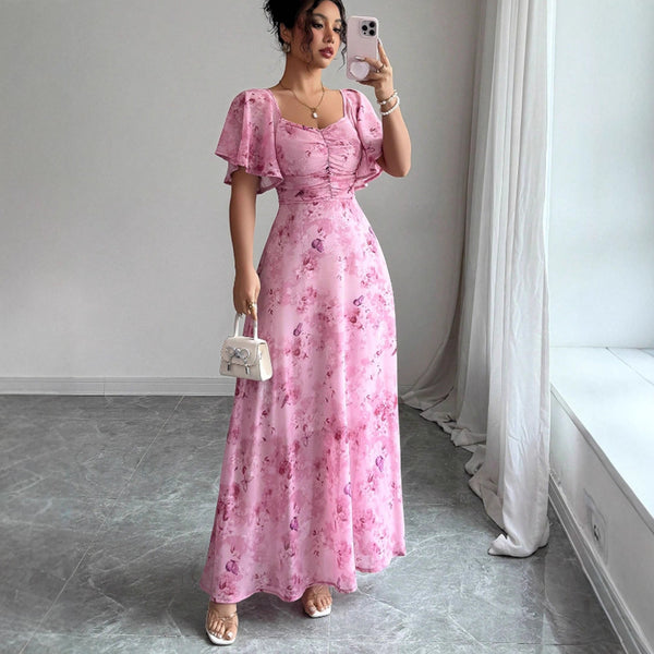 Flowers Printed Lotus Sleeve Dress Summer Elegant Slim Dresses Women's Clothing
