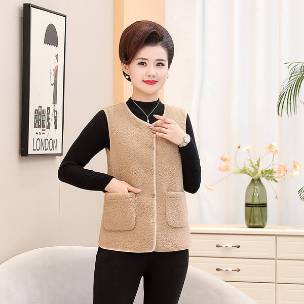 Middle-aged And Elderly Womens Short Fleece-Lined Vest Coat