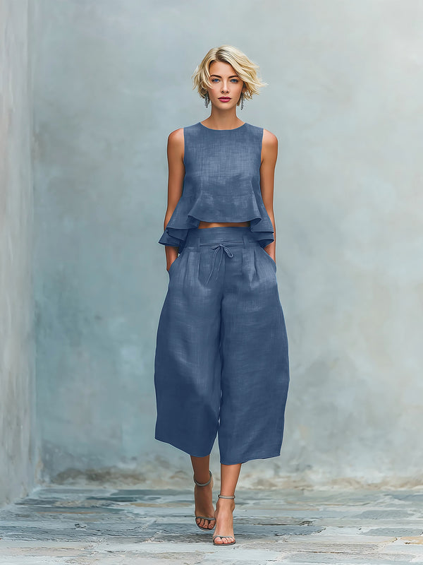 Ruffled Suits Summer Round Neck Sleeveless Top And Loose Wide-leg Pants Casual Fashion Straight Trouser Set