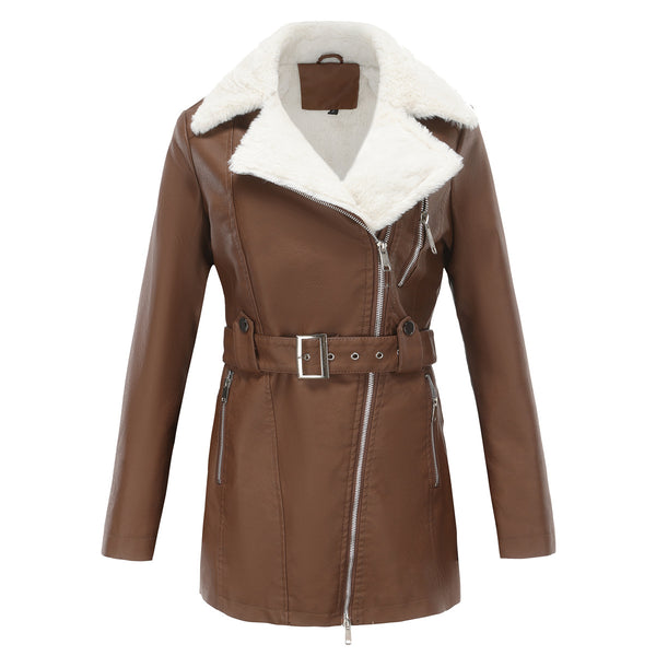 Long Sleeve Fleece Leather Jacket Women