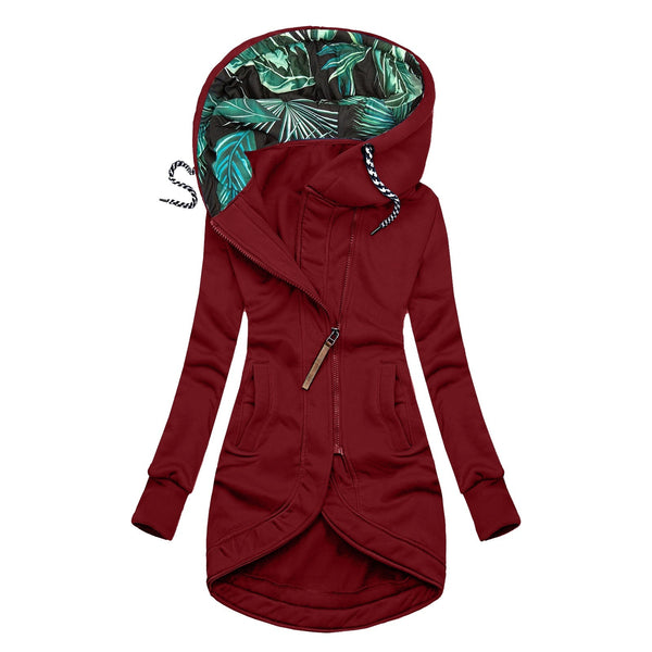 Womens Solid-Color Zip-Up Hoodie With Print And Long Sleeves
