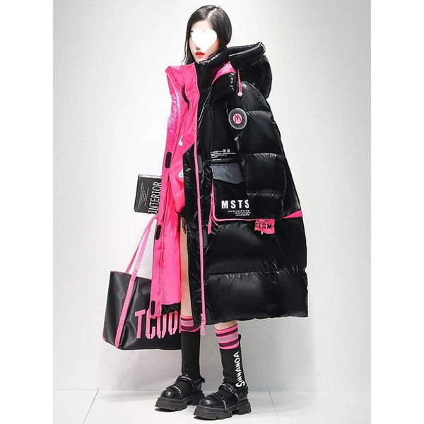 Womens Winter Loose Western-Style Over-the-Knee Long Thermal Patchwork Down Jacket