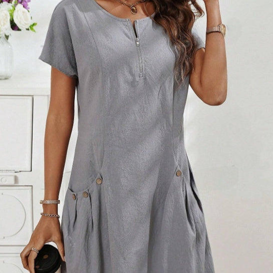 Short-sleeved Dress With Pockots And Zipper Women's Summer Clothing