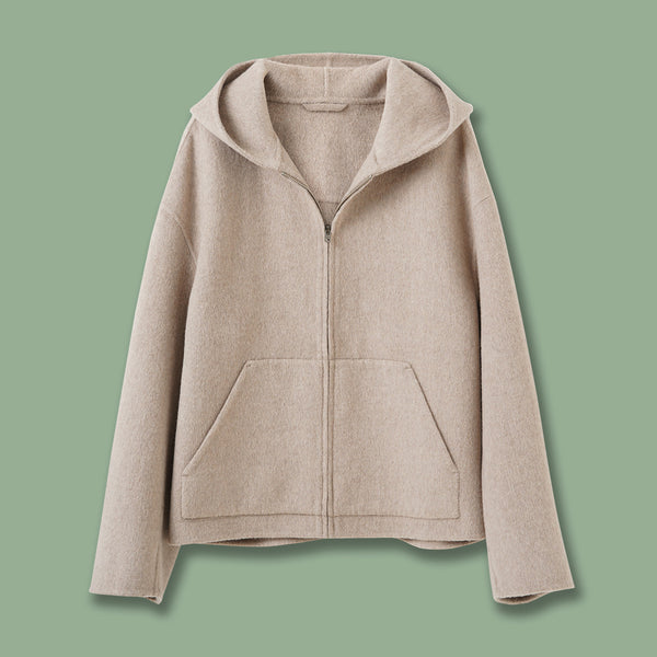 Loose-fit Casual Minimalist Wool-blend Zip-up Hooded Jacket