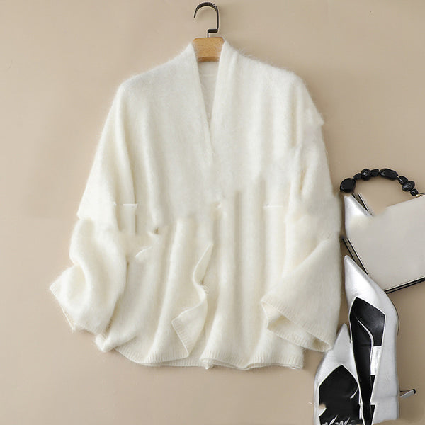 Loose-fit Brushed Cashmere Sweater With A Straight-cut Long-sleeved V-neck Cardigan Design And A Shawl-style Collar