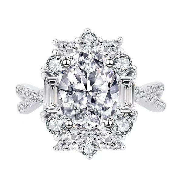 Luxury Design Oval Simulated Moissanite Engagement Ring, White Gold Plated Cluster Zircon Ring For Women, Wholesale