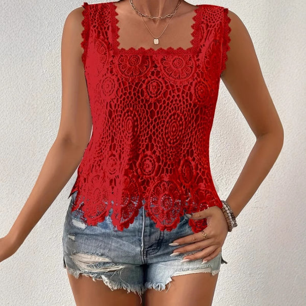 Womens Elegant Square-neck Lace Hollow-out Sleeveless Top
