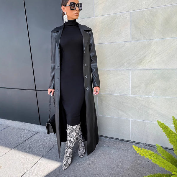 Lapel Button Street All-match Warm And Trendy Long Leather Coat