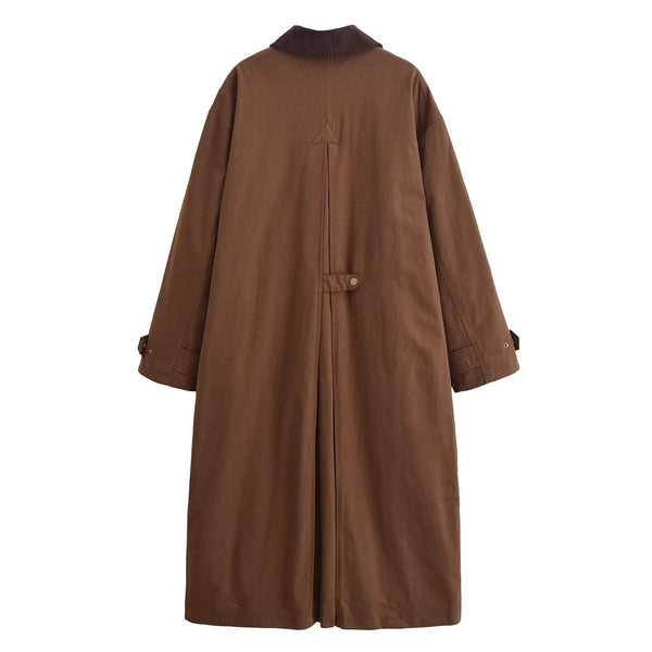 Corduroy Patchwork Collar Waxed Leather-Effect Long Trench Coat