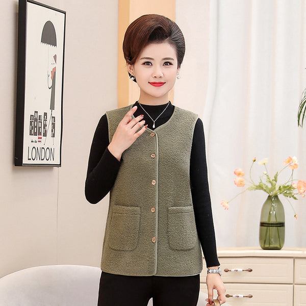 Middle-aged And Elderly Womens Short Fleece-Lined Vest Coat