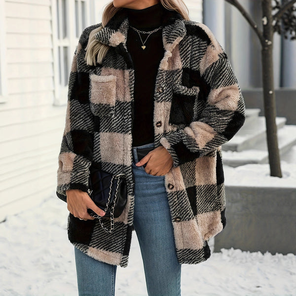 Womens Autumn Winter Long-Sleeve Plaid Fleece Coat With Dual Pockets In Plus Sizes