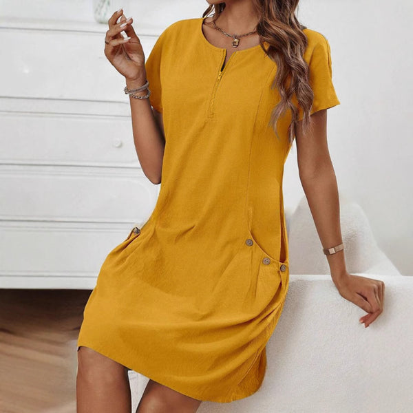 Short-sleeved Dress With Pockots And Zipper Women's Summer Clothing