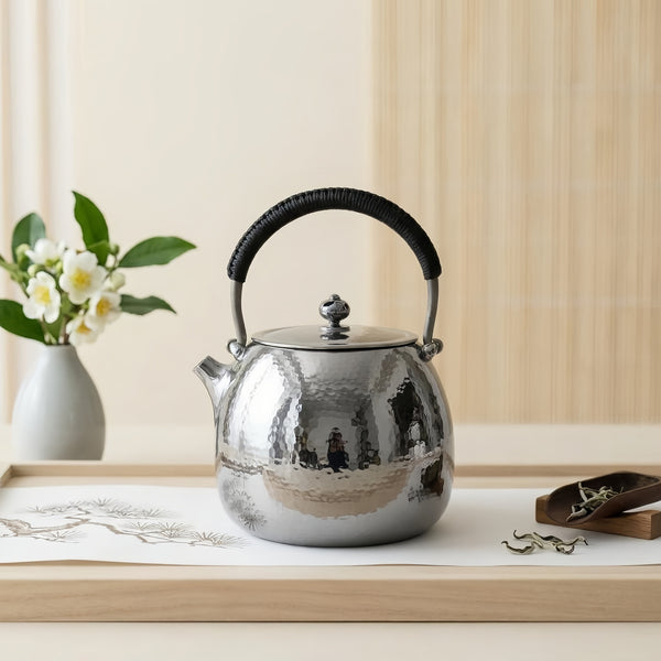 Pure 999 Fine Silver Elegant Hand-Hammered Polished Silver Teapot with Traditional Woven Handle - Handicraft