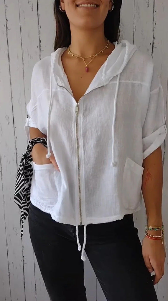 Hooded Drawstring Cotton-linen Long-sleeve Loose Casual
