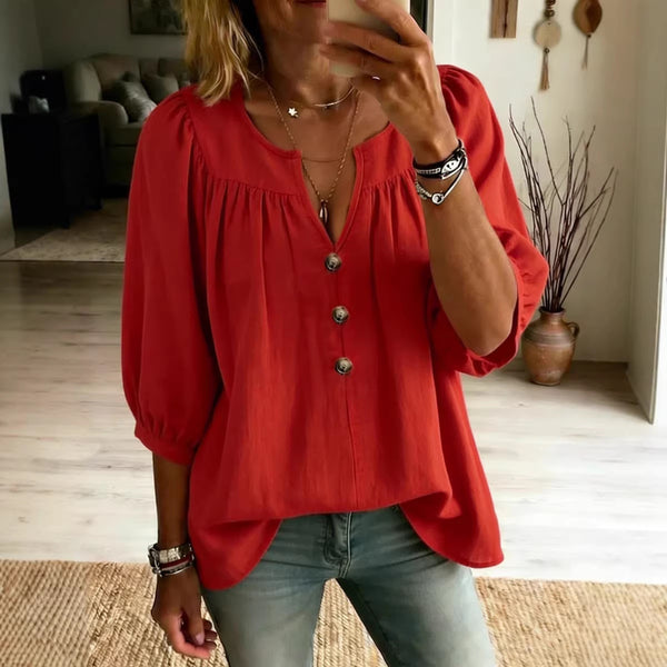 Three-quarter-sleeve Buttoned Casual Loose-fit T-shirt