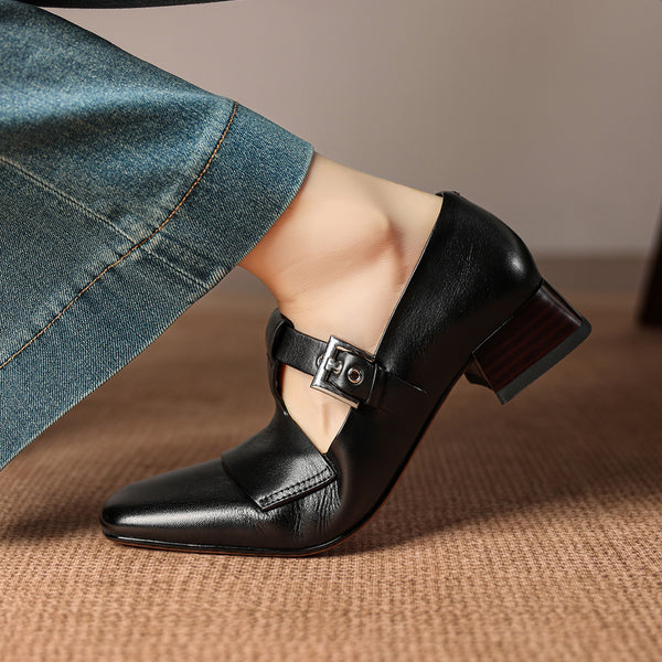 Women's Handmade Washed Full-Grain Leather Mary Jane Shoes, Vintage Square Toe T-Strap Buckle Low Block Heel Pumps