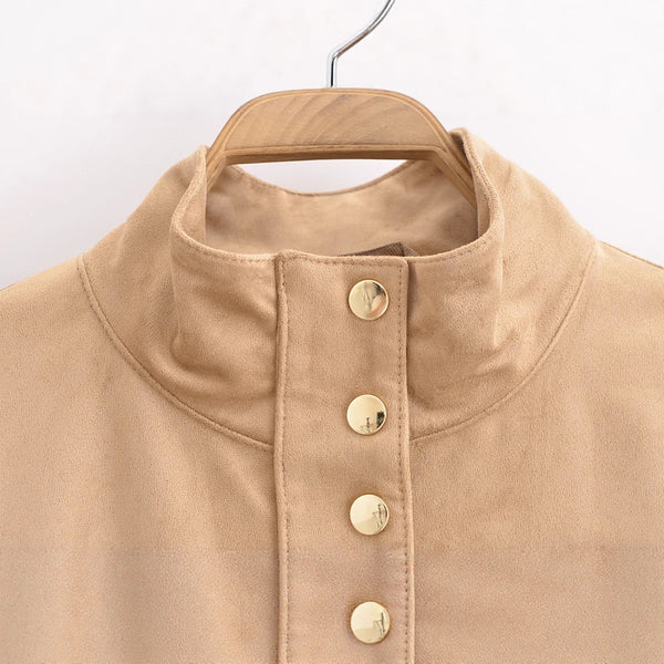 Womens Casual Stand-collar Suede-fleece Long-sleeve Jacket