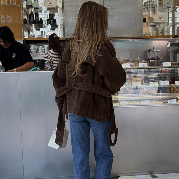Retro Brown Lace-Up Suede Jacket For Women