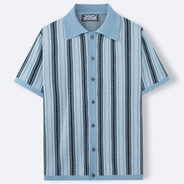 Men's Short-Sleeve Striped Knitted Cardigan Jacquard Polo Shirt