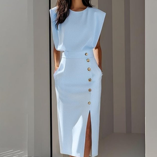 Women's Summer Split Dress With Buttons Casual Sleeveless Midi Dress Clothing