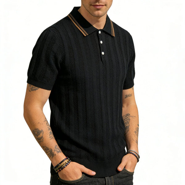 Men's Short-Sleeve Knitted T-Shirt With Lapel Collar Striped Old Money Style