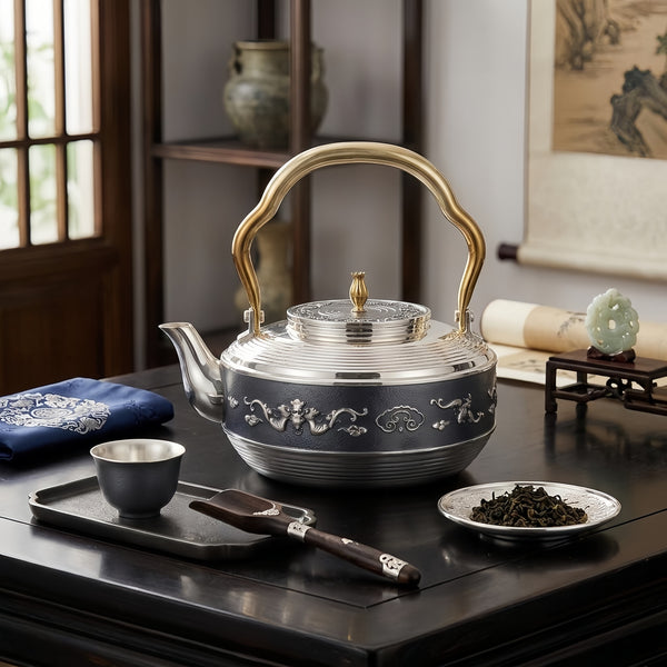 Pure 999 Fine Silver Elegant Handcrafted Silver Teapot with Detailed Artistic Relief and Metallic Handle - Handicraft