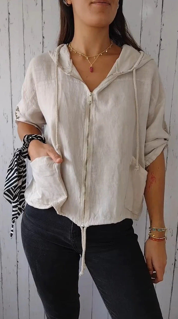 Hooded Drawstring Cotton-linen Long-sleeve Loose Casual