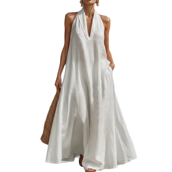 Casual V-neck Dress Halter Style Long Dress For Women's Casual Solid Color  A-line Dress For Daily Wear