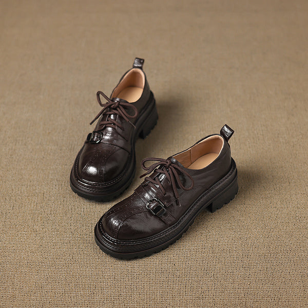 Women's Handmade Full-Grain Sheepskin Platform Oxfords, Chunky Heel Lace-Up Buckle Brogue Shoes