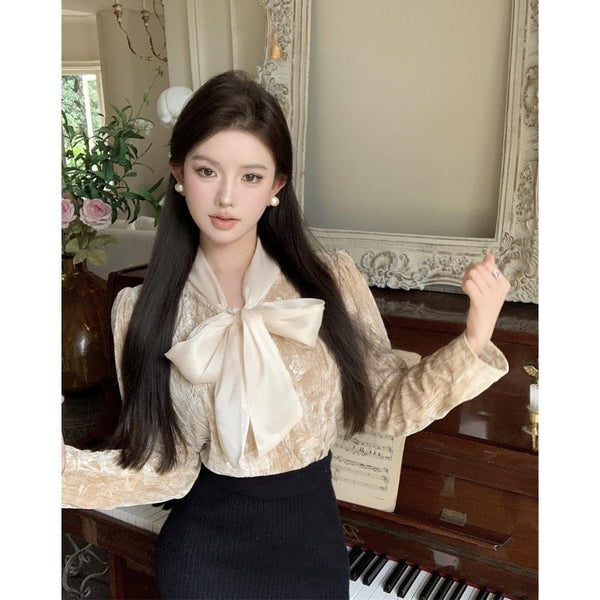 French-style Bow-Tie Lace-Up Velvet Shirt For Women