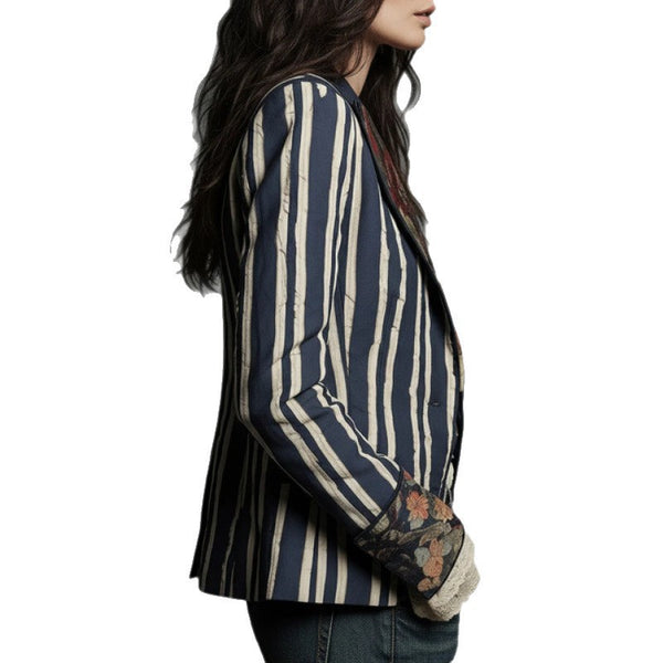 Women's Bohemian Color-Block Striped Blazer