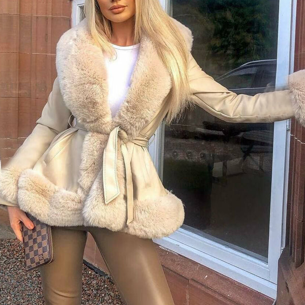 Women's Graceful And Fashionable Fur Collar Lace-up Waist Leather Coat