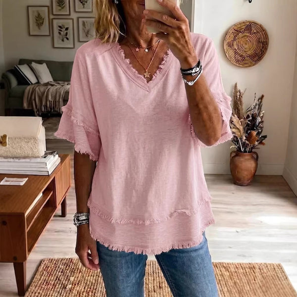 Casual Women's Shirt V-Neck Short Sleeve Loose Fit Pure Color Summer Fashion Trend Pullover Tops For Daily Wear