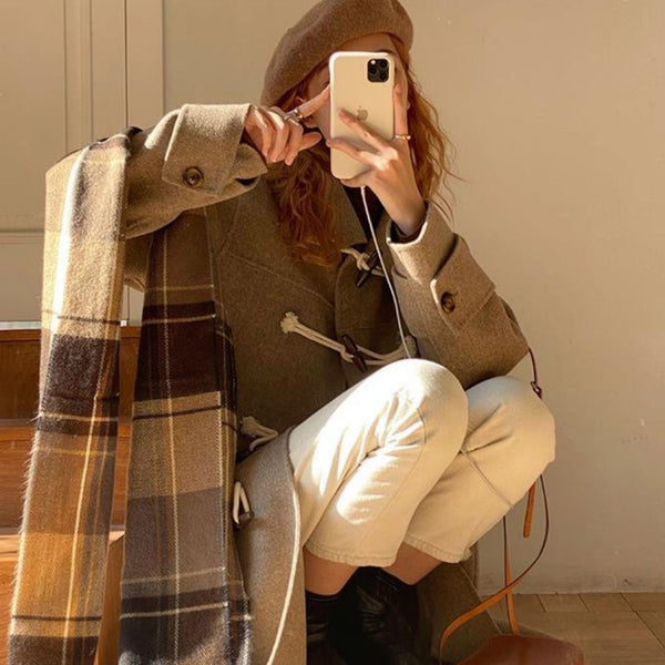 Wool Coat Womens Korean-Style Loose Slimming Horn-Button Petite Mid-Length Wool Fashionable