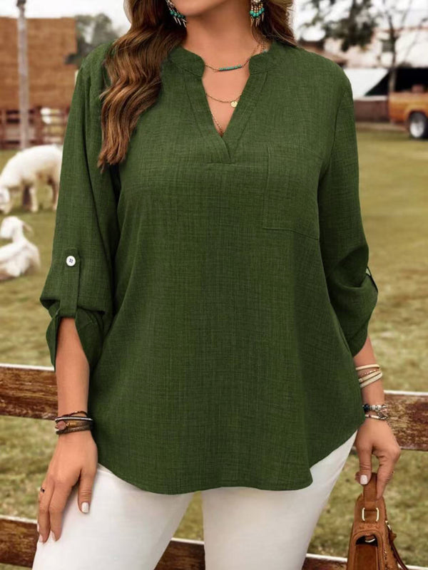 Solid-color V-neck Button-up Loose-fitting Fashionable Top